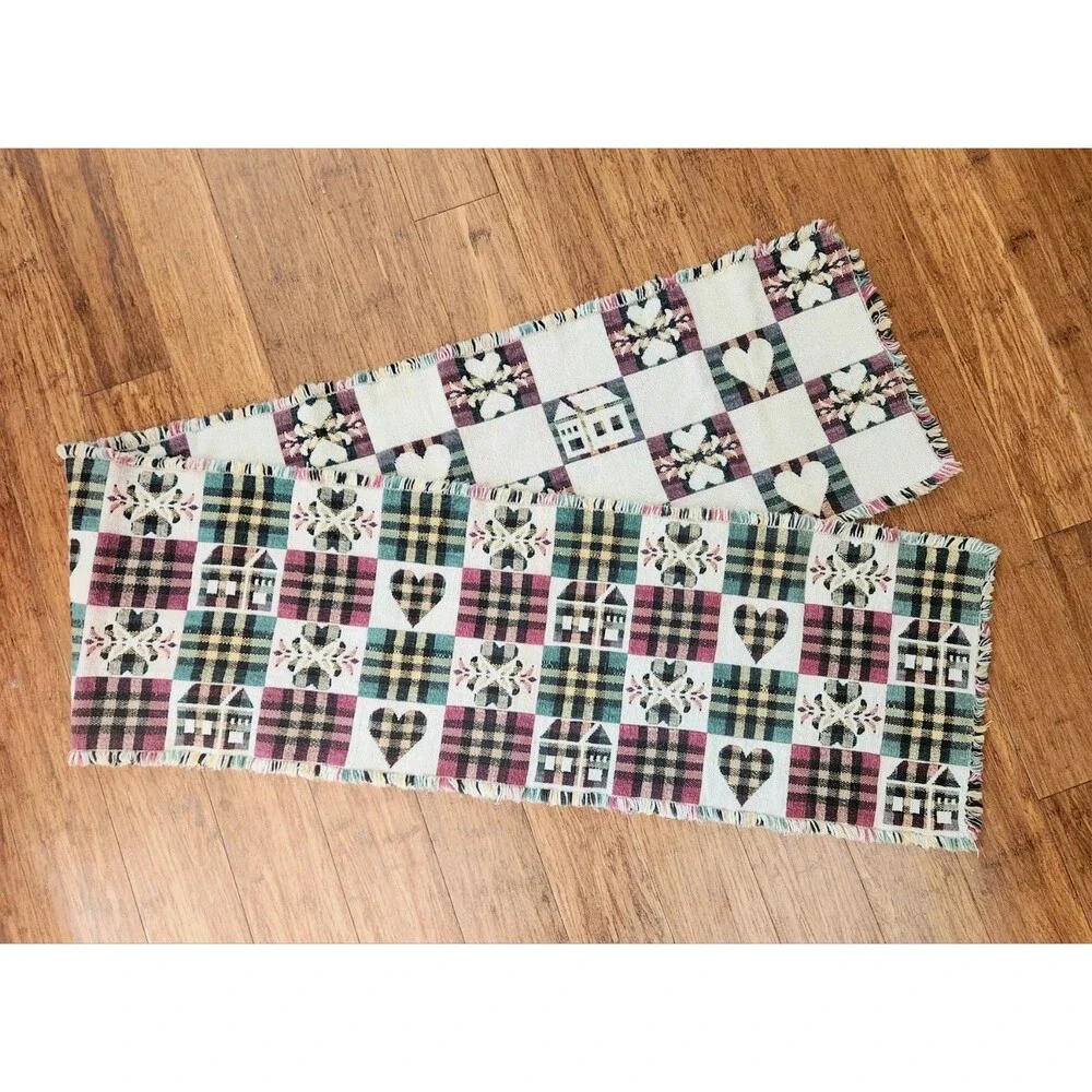Cabin Chic Rustic Tapestry Table Runner Plaid Hearts Houses 70